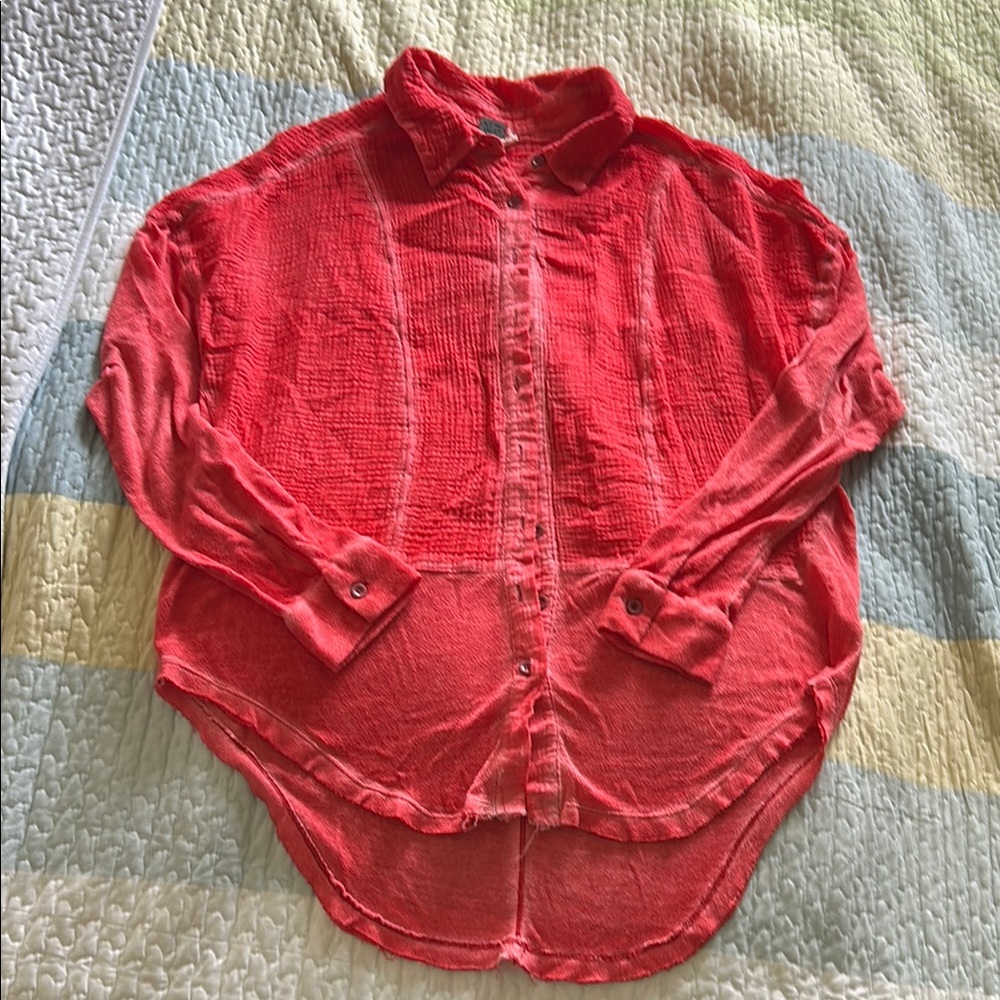 Free People Red Coral Button-Up Shirt